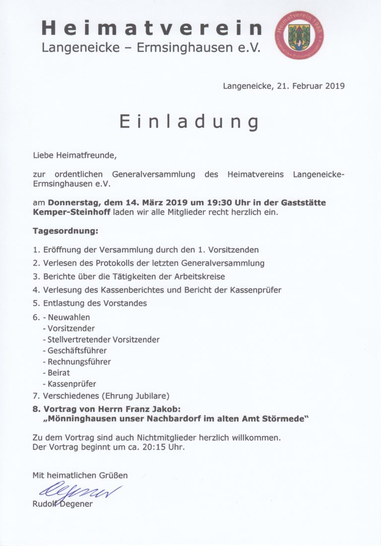 Einladung zur Generalversammlung des Heimatvereins – Langeneicke